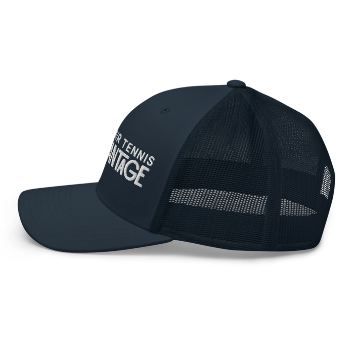 Left angle of the MAS Kansas City Advantage Wheelchair Tennis Chiro Navy Curved Bill Trucker Snapback against a white background