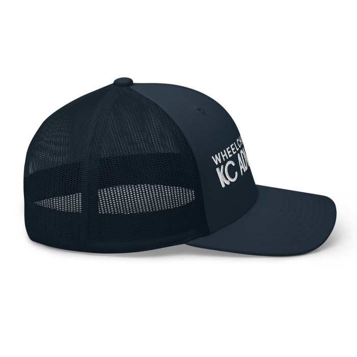 Right angle of the MAS Kansas City Advantage Wheelchair Tennis Chiro Navy Curved Bill Trucker Snapback against a white background