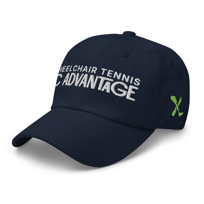 Front left angle of the MAS Kansas City Advantage Wheelchair Tennis Chiro Navy Dad Hat against a white background