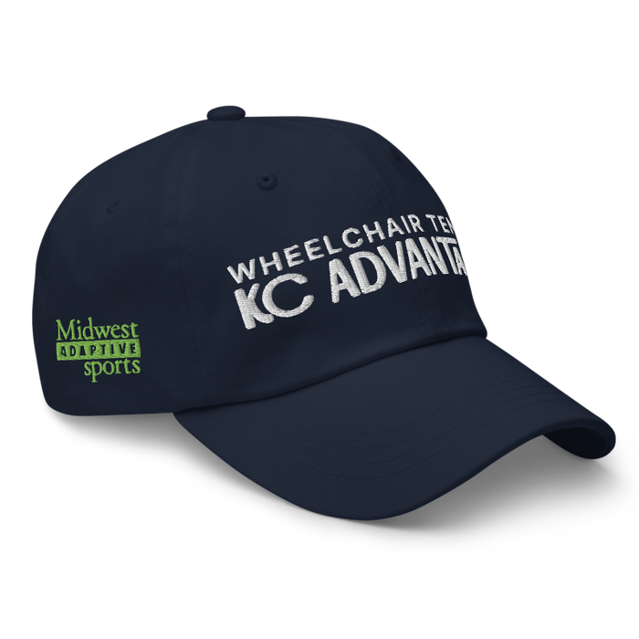Front right angle of the MAS Kansas City Advantage Wheelchair Tennis Chiro Navy Dad Hat against a white background