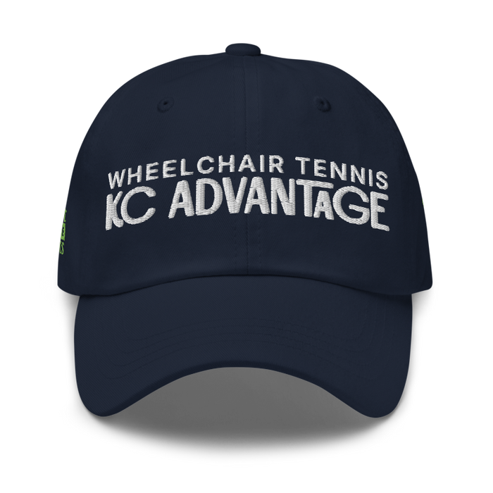 Front angle of the MAS Kansas City Advantage Wheelchair Tennis Chiro Navy Dad Hat against a white background