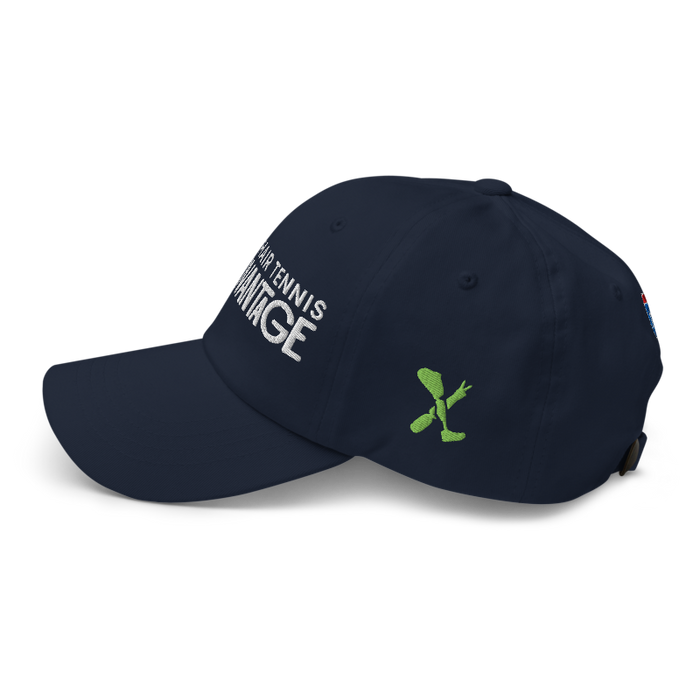 Left angle of the MAS Kansas City Advantage Wheelchair Tennis Chiro Navy Dad Hat against a white background