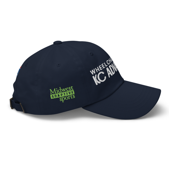 Right angle of the MAS Kansas City Advantage Wheelchair Tennis Chiro Navy Dad Hat against a white background