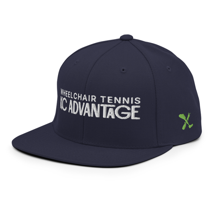 Front left angle of the MAS Kansas City Advantage Wheelchair Tennis Chiro Navy Flat Bill Snapback against a white background