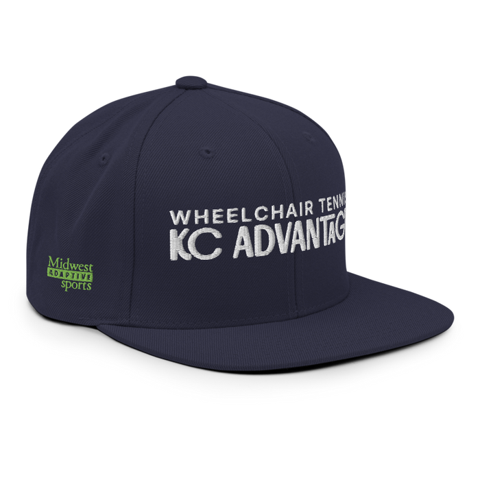 Front right angle of the MAS Kansas City Advantage Wheelchair Tennis Chiro Navy Flat Bill Snapback against a white background