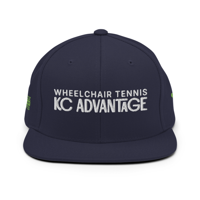 Front angle of the MAS Kansas City Advantage Wheelchair Tennis Chiro Navy Flat Bill Snapback against a white background