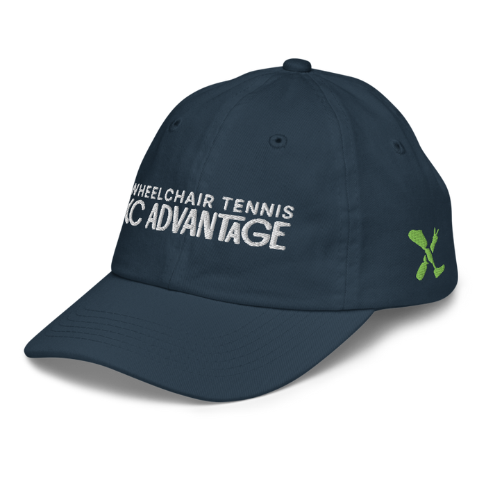 Front left angle of the MAS Kansas City Advantage Wheelchair Tennis Chiro Navy Youth Dad Hat against a white background