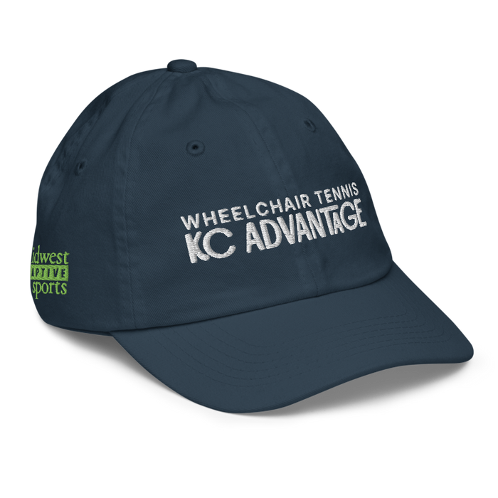 Front right angle of the MAS Kansas City Advantage Wheelchair Tennis Chiro Navy Youth Dad Hat against a white background