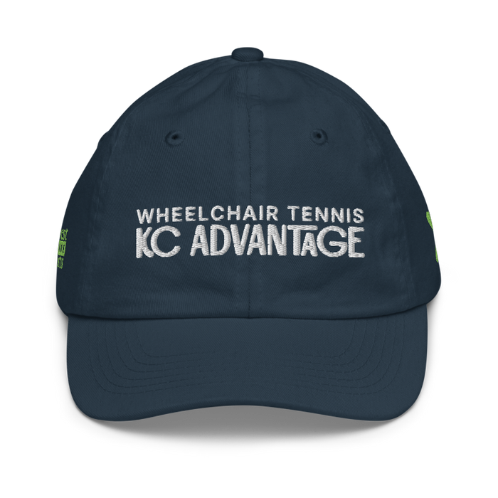 Front angle of the MAS Kansas City Advantage Wheelchair Tennis Chiro Navy Youth Dad Hat against a white background