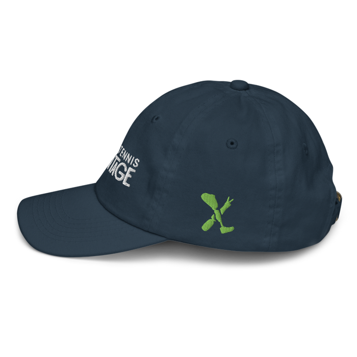 Left angle of the MAS Kansas City Advantage Wheelchair Tennis Chiro Navy Youth Dad Hat against a white background