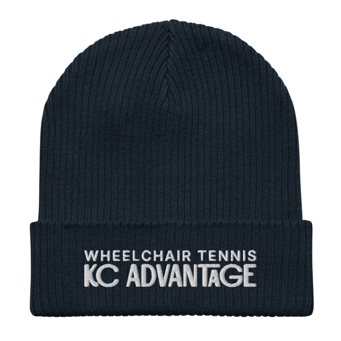 Front angle of the MAS Kansas City Advantage Wheelchair Tennis Chiro Oxford Navy Organic Beanie laid flat against a white background