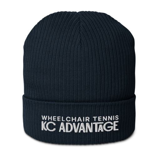Front angle of the MAS Kansas City Advantage Wheelchair Tennis Chiro Oxford Navy Organic Beanie against a white background