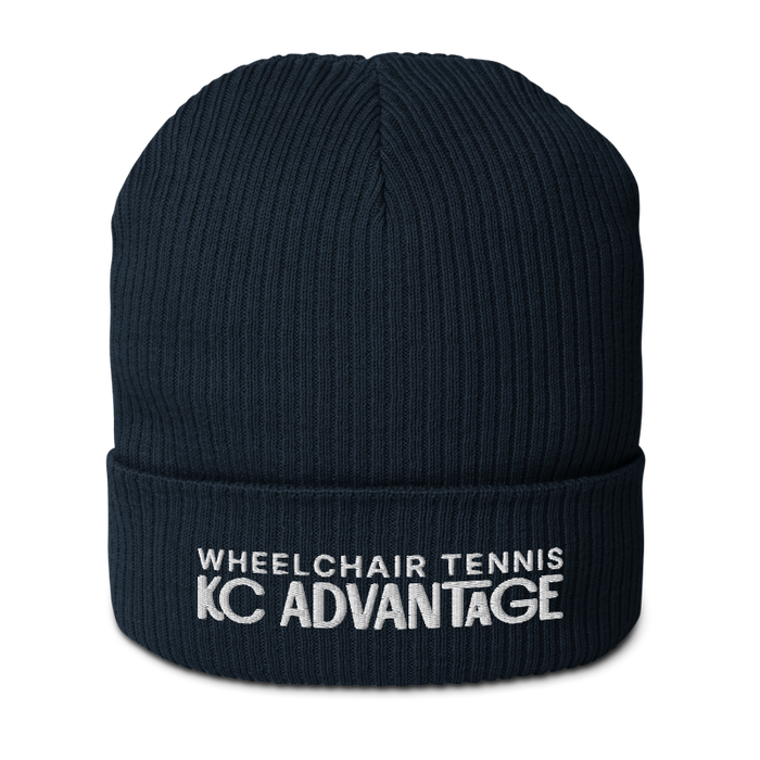 Front angle of the MAS Kansas City Advantage Wheelchair Tennis Chiro Oxford Navy Organic Beanie against a white background