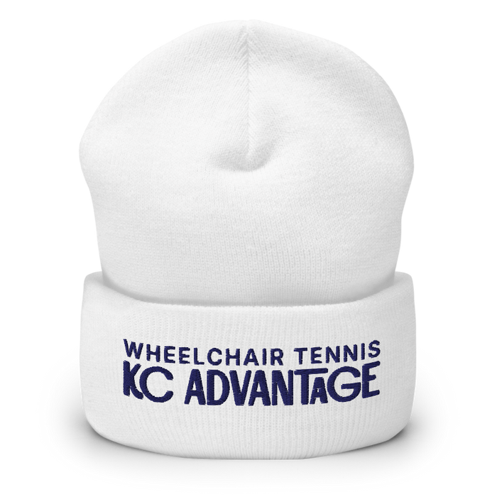 Front angle of the MAS Kansas City Advantage Wheelchair Tennis Chiro White Beanie against a white background