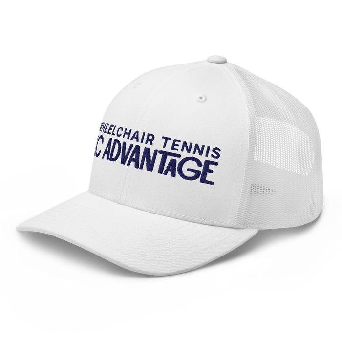 Front left angle of the MAS Kansas City Advantage Wheelchair Tennis Chiro White Curved Bill Trucker Snapback against a white background