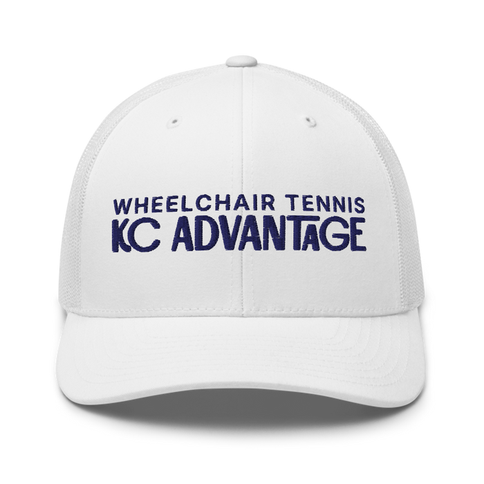 Front angle of the MAS Kansas City Advantage Wheelchair Tennis Chiro White Curved Bill Trucker Snapback against a white background