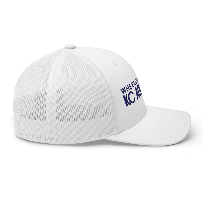 Right angle of the MAS Kansas City Advantage Wheelchair Tennis Chiro White Curved Bill Trucker Snapback against a white background