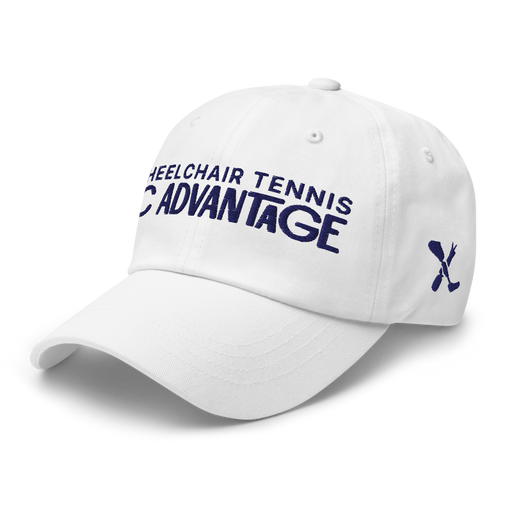 Front left angle of the MAS Kansas City Advantage Wheelchair Tennis Chiro White Dad Hat against a white background