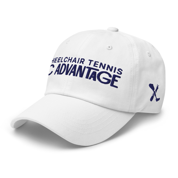 Front left angle of the MAS Kansas City Advantage Wheelchair Tennis Chiro White Dad Hat against a white background