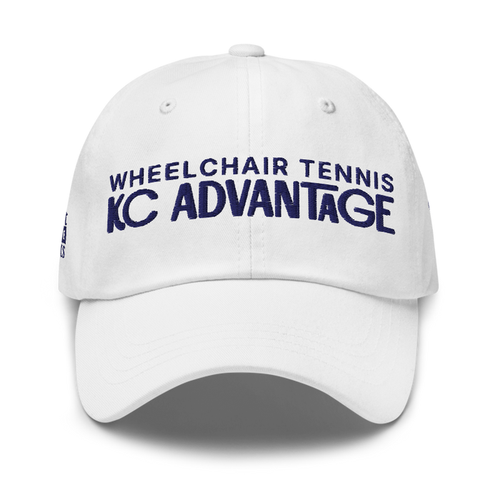 Front angle of the MAS Kansas City Advantage Wheelchair Tennis Chiro White Dad Hat against a white background