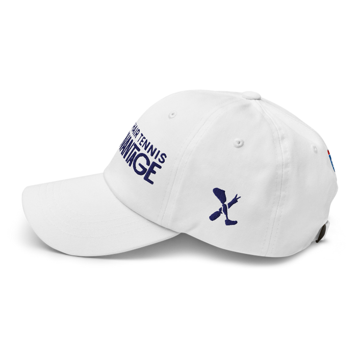 Left angle of the MAS Kansas City Advantage Wheelchair Tennis Chiro White Dad Hat against a white background