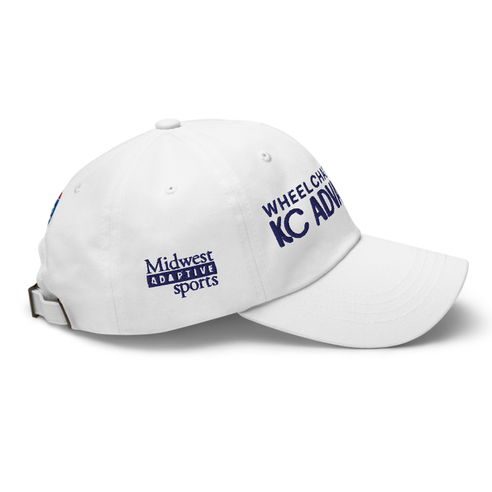 Right angle of the MAS Kansas City Advantage Wheelchair Tennis Chiro White Dad Hat against a white background
