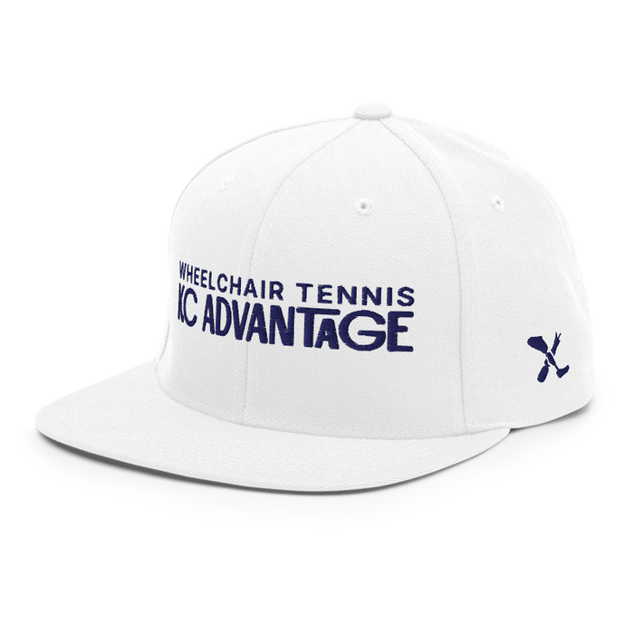 Front left angle of the MAS Kansas City Advantage Wheelchair Tennis Chiro White Flat Bill Snapback against a white background