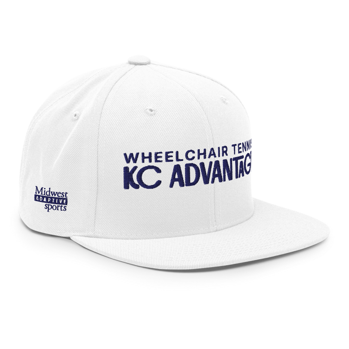 Front right angle of the MAS Kansas City Advantage Wheelchair Tennis Chiro White Flat Bill Snapback against a white background