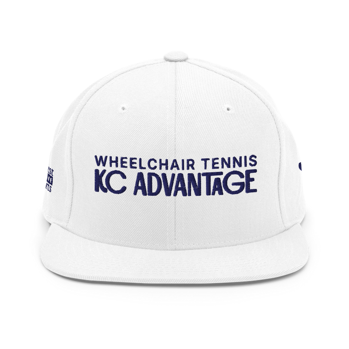 Front angle of the MAS Kansas City Advantage Wheelchair Tennis Chiro White Flat Bill Snapback against a white background