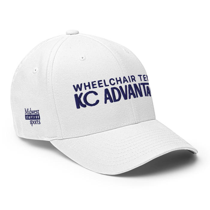 Front right angle of the MAS Kansas City Advantage Wheelchair Tennis Chiro White Flexfit Curved Bill Fitted against a white background