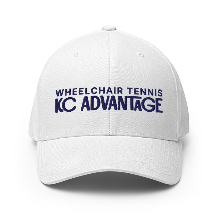 Front angle of the MAS Kansas City Advantage Wheelchair Tennis Chiro White Flexfit Curved Bill Fitted against a white background