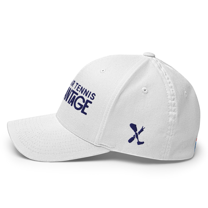 Left angle of the MAS Kansas City Advantage Wheelchair Tennis Chiro White Flexfit Curved Bill Fitted against a white background