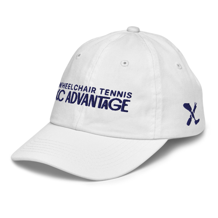 Front left angle of the MAS Kansas City Advantage Wheelchair Tennis Chiro White Youth Dad Hat against a white background