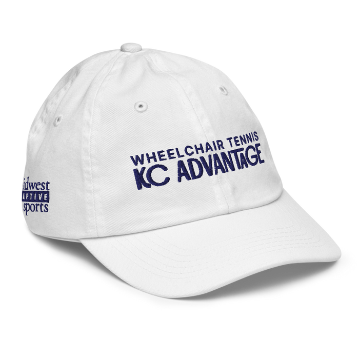 Front right angle of the MAS Kansas City Advantage Wheelchair Tennis Chiro White Youth Dad Hat against a white background