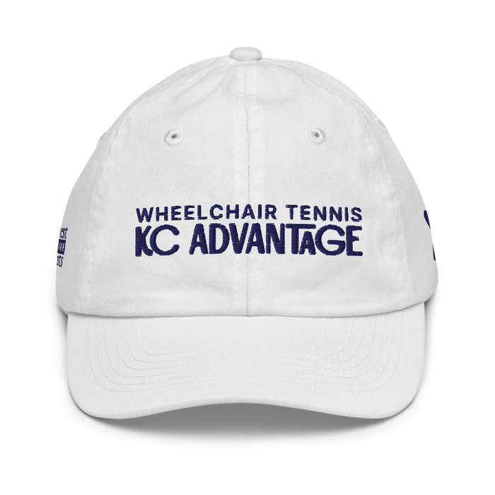 Front angle of the MAS Kansas City Advantage Wheelchair Tennis Chiro White Youth Dad Hat against a white background