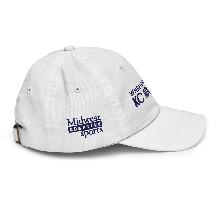 Right angle of the MAS Kansas City Advantage Wheelchair Tennis Chiro White Youth Dad Hat against a white background
