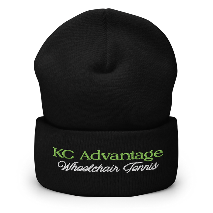 Front angle of the MAS Kansas City Advantage Wheelchair Tennis Script Black Beanie against a white background