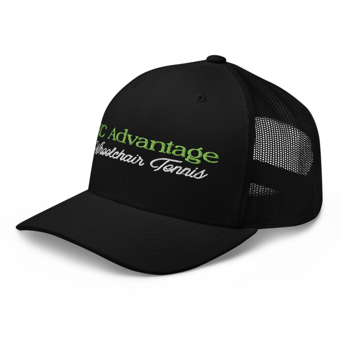 Front left angle of the MAS Kansas City Advantage Wheelchair Tennis Script Black Curved Bill Trucker Snapback against a white background