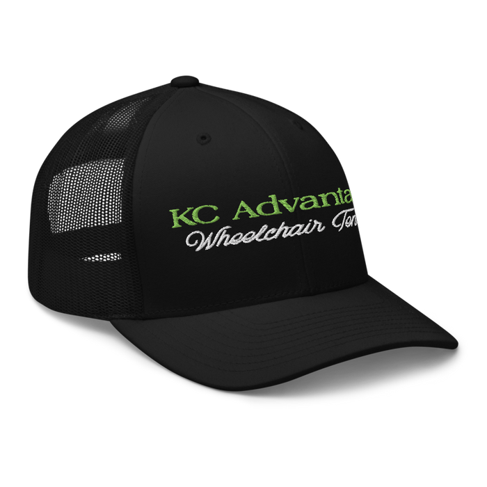 Front right angle of the MAS Kansas City Advantage Wheelchair Tennis Script Black Curved Bill Trucker Snapback against a white background