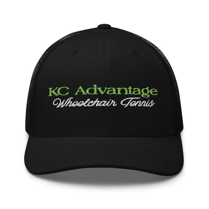 Front angle of the MAS Kansas City Advantage Wheelchair Tennis Script Black Curved Bill Trucker Snapback against a white background