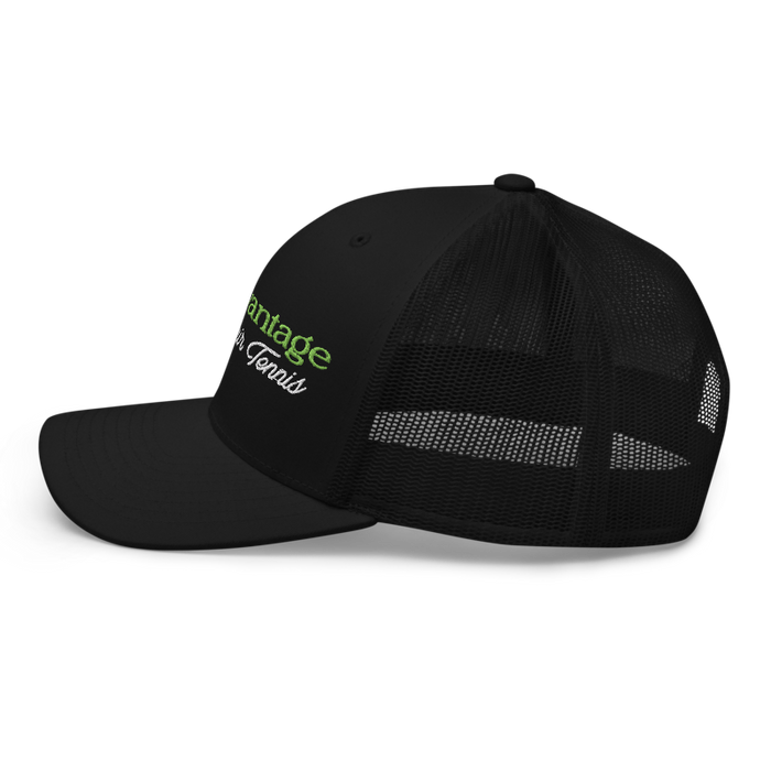 Left angle of the MAS Kansas City Advantage Wheelchair Tennis Script Black Curved Bill Trucker Snapback against a white background