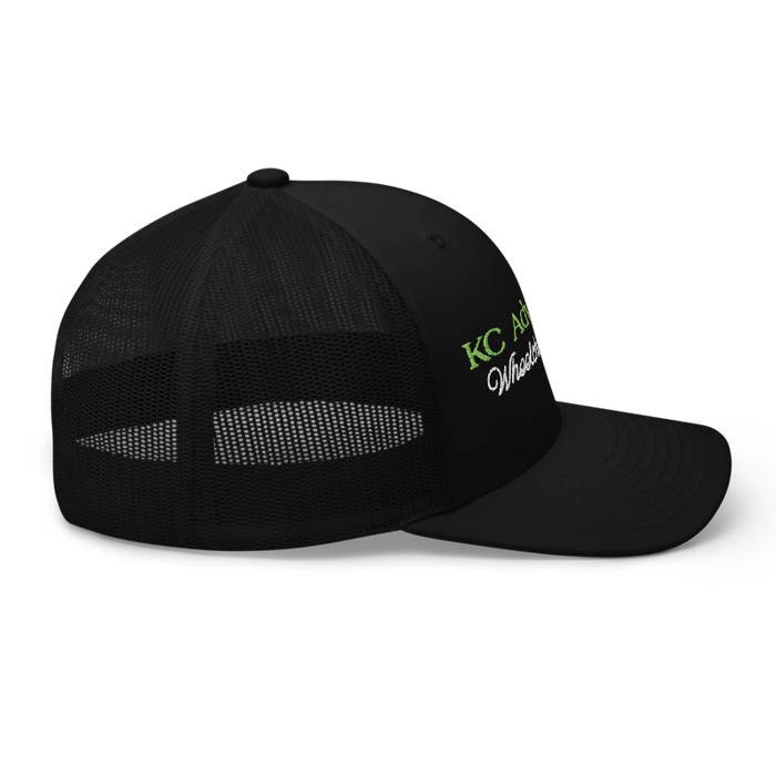 Right angle of the MAS Kansas City Advantage Wheelchair Tennis Script Black Curved Bill Trucker Snapback against a white background