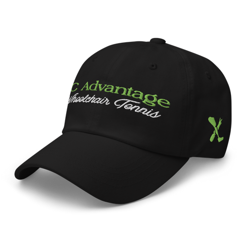 Front left angle of the MAS Kansas City Advantage Wheelchair Tennis Script Black Dad Hat against a white background