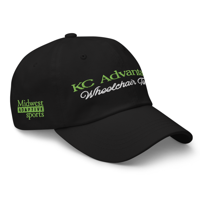 Front right angle of the MAS Kansas City Advantage Wheelchair Tennis Script Black Dad Hat against a white background