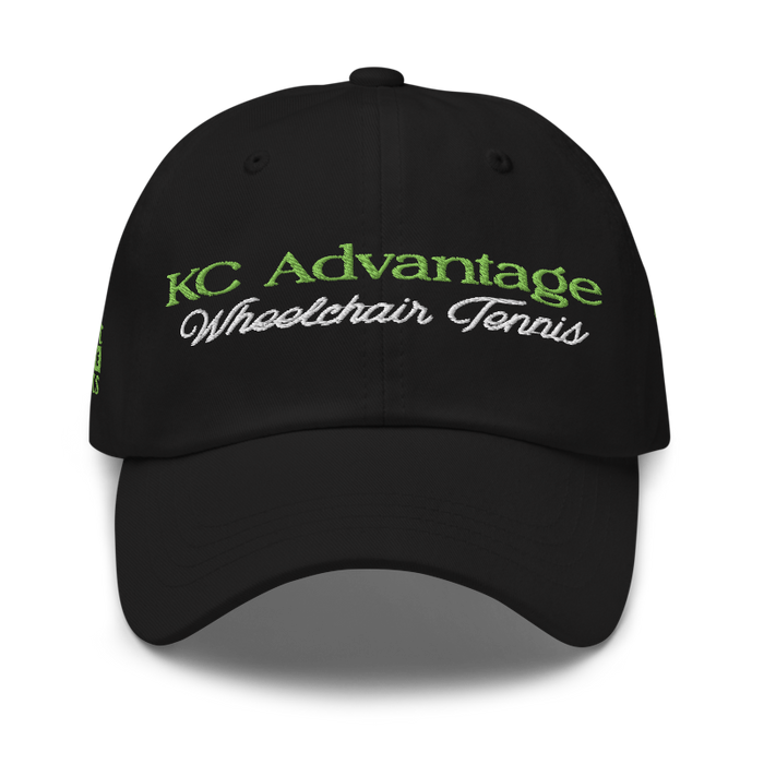 Front angle of the MAS Kansas City Advantage Wheelchair Tennis Script Black Dad Hat against a white background