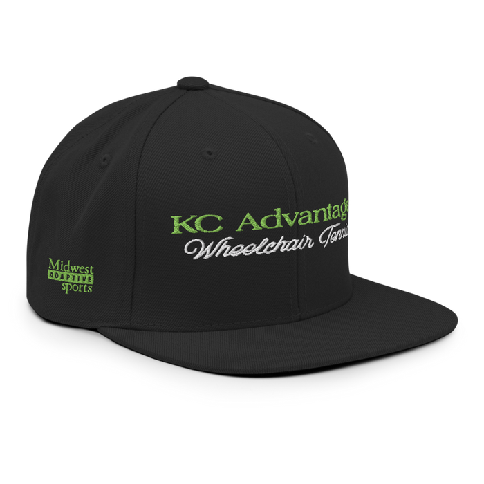 Front right angle of the MAS Kansas City Advantage Wheelchair Tennis Script Black Flat Bill Snapback against a white background