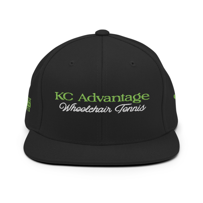 Front angle of the MAS Kansas City Advantage Wheelchair Tennis Script Black Flat Bill Snapback against a white background