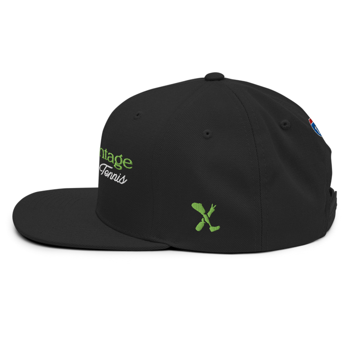 Left angle of the MAS Kansas City Advantage Wheelchair Tennis Script Black Flat Bill Snapback against a white background