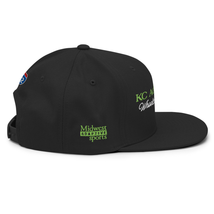 Right angle of the MAS Kansas City Advantage Wheelchair Tennis Script Black Flat Bill Snapback against a white background