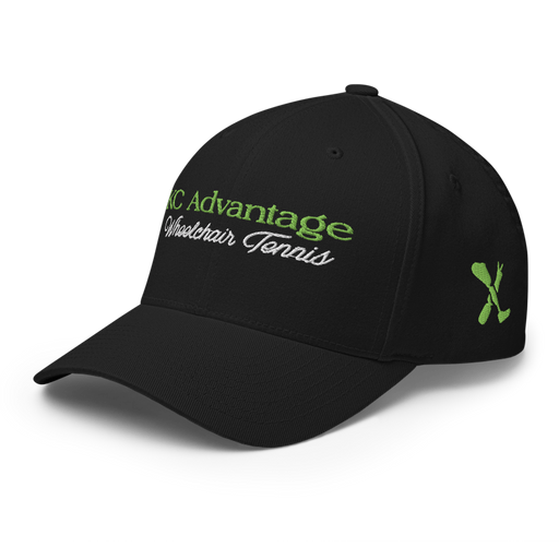 Front left angle of the MAS Kansas City Advantage Wheelchair Tennis Script Black Flexfit Curved Bill Fitted against a white background